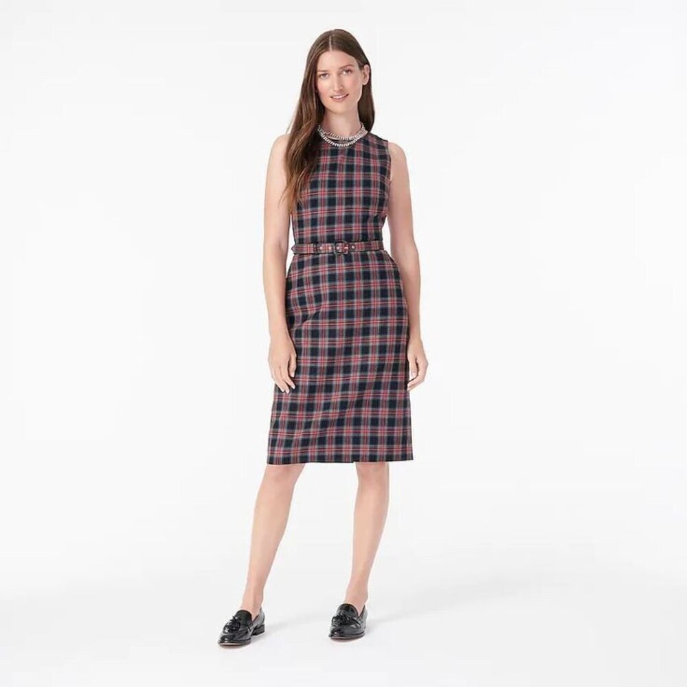 NWT J.Crew Belted Sheath Dress in Red Green Multi Black Steward Tartan Dress 16T